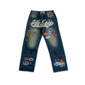 Vale Forever Rhinestone Patchwork Oversized Blue Denim Jeans